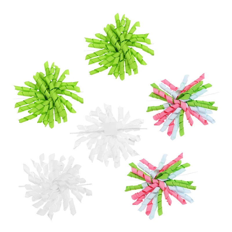 4" Curly Bows for Gift Wrapping 6 Pcs, White/Pink Blue Green/Green
