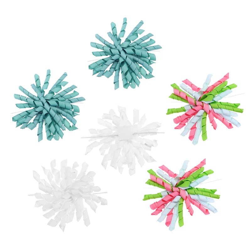 4" Curly Bows for Gift Wrapping 6 Pcs, White/Pink Blue Green/Fog Blue