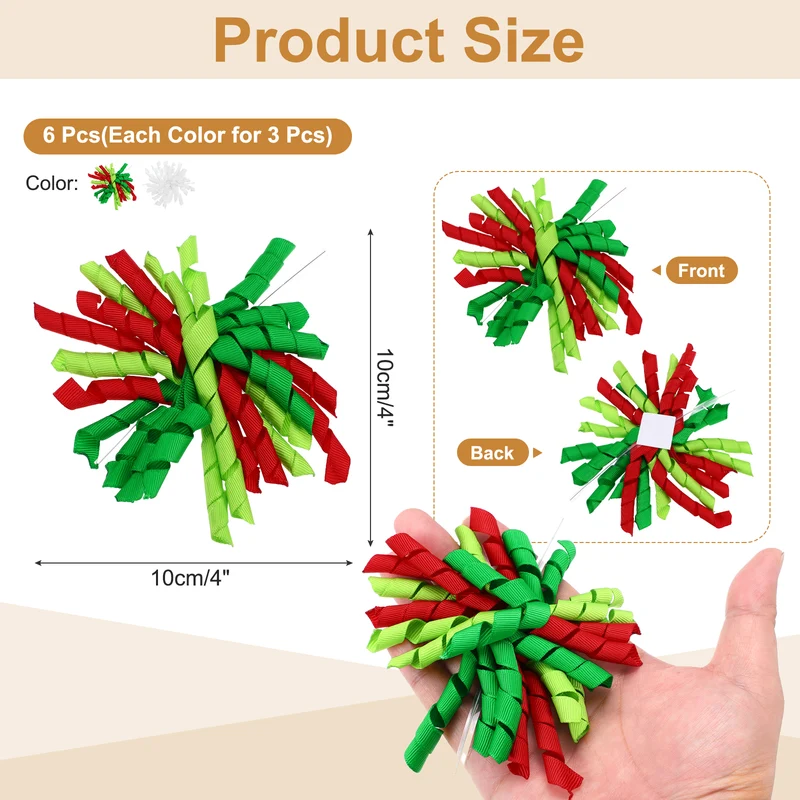 4" Curly Bows for Gift Wrapping 6 Pcs, White/Red Green