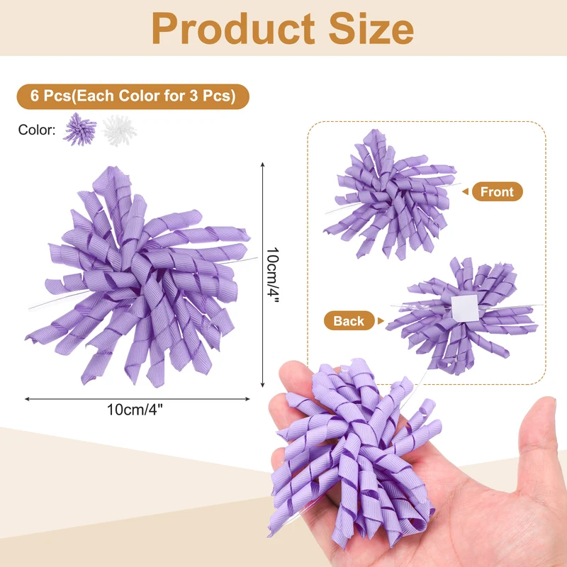 4" Curly Bows for Gift Wrapping 6 Pcs, White/Purple