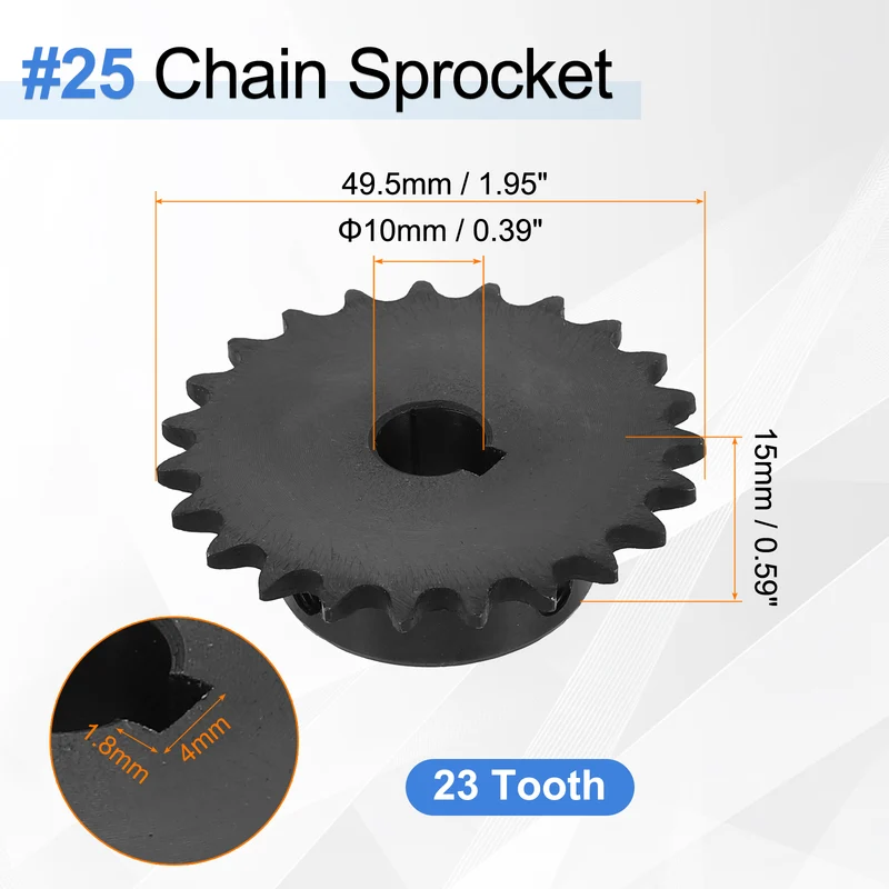 #25 Chain Roller Sprocket 10mm Bore, 23 Tooth with 4x1.8mm Keyway, Black