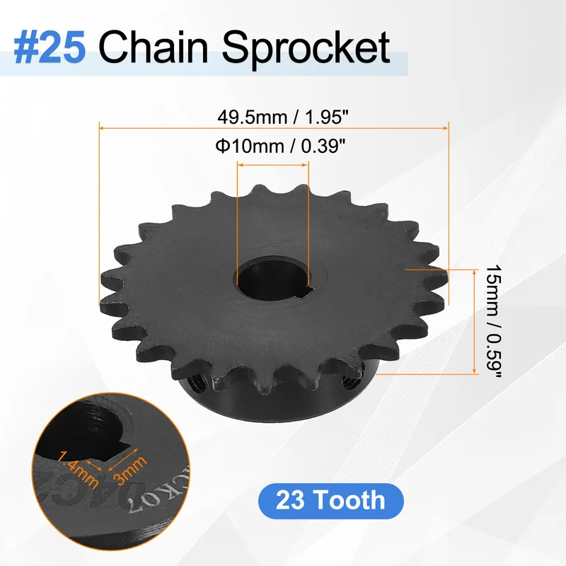 #25 Chain Roller Sprocket 10mm Bore, 23 Tooth with 3x1.4mm Keyway, Black