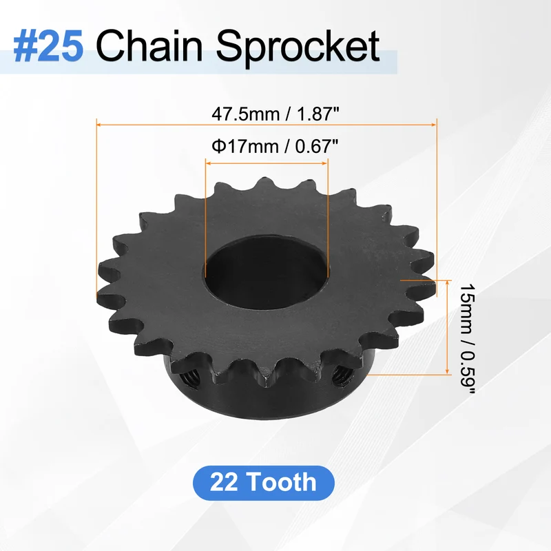#25 Chain Roller Sprocket 17mm Bore, 22 Tooth with Set Screws, Black