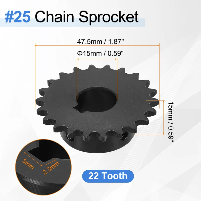 2Pcs #25 Chain Roller Sprocket 15mm Bore, 22 Tooth with 5x2.3mm Keyway, Black
