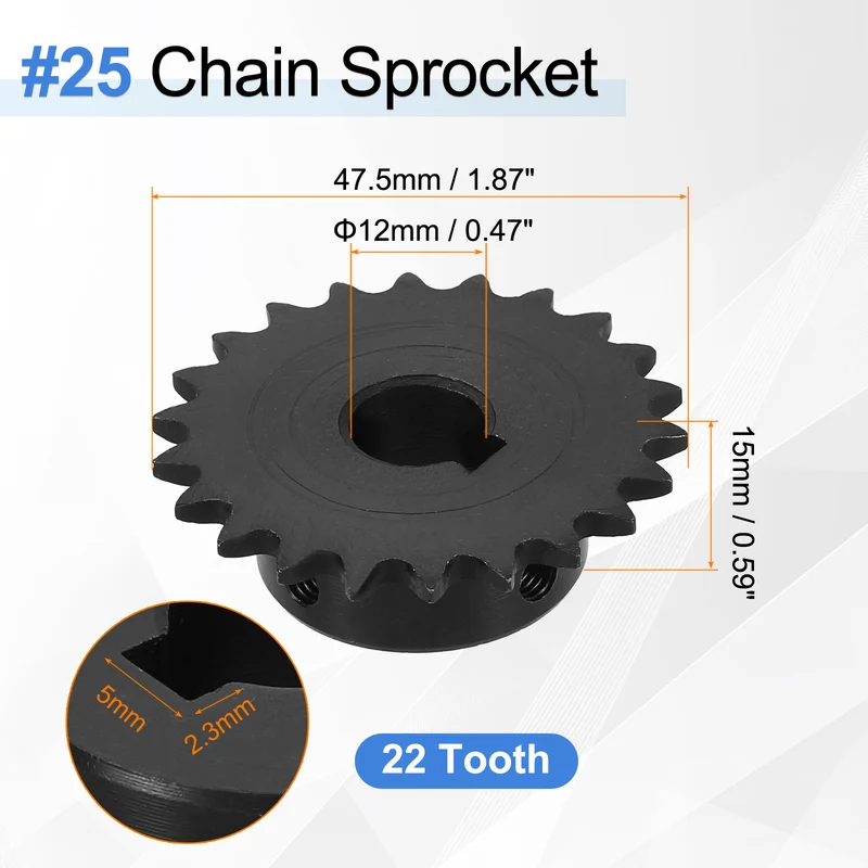 #25 Chain Roller Sprocket 12mm Bore, 22 Tooth with 5x2.3mm Keyway, Black
