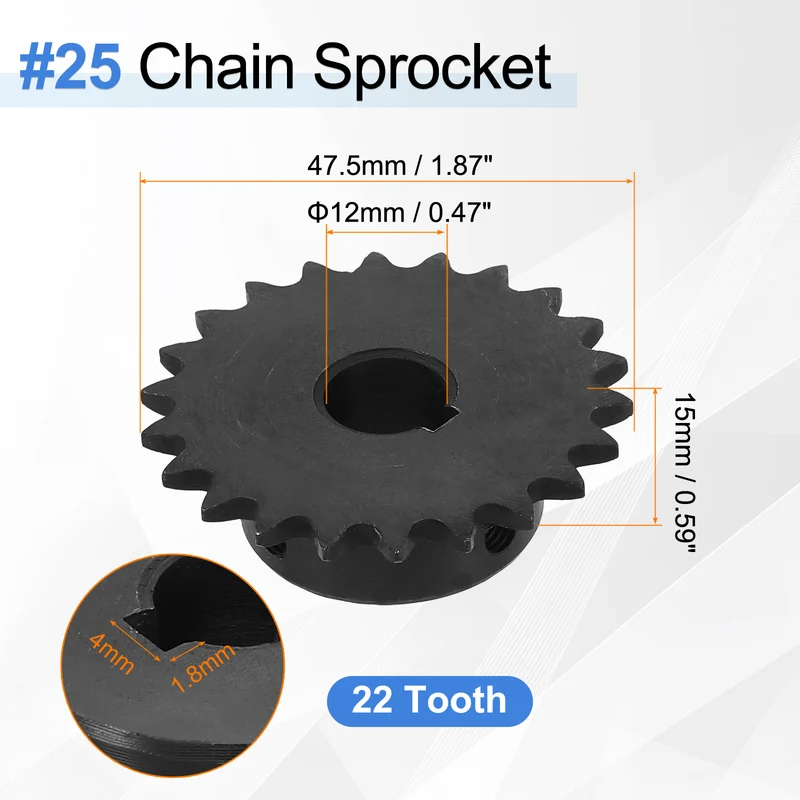 #25 Chain Roller Sprocket 12mm Bore, 22 Tooth with 4x1.8mm Keyway, Black