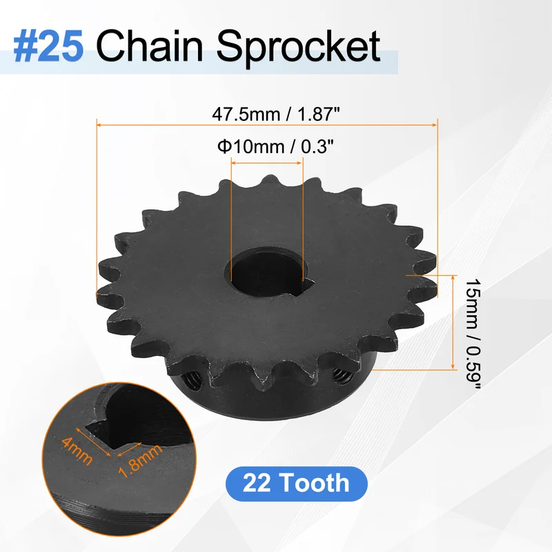#25 Chain Roller Sprocket 10mm Bore, 22 Tooth with 4x1.8mm Keyway, Black