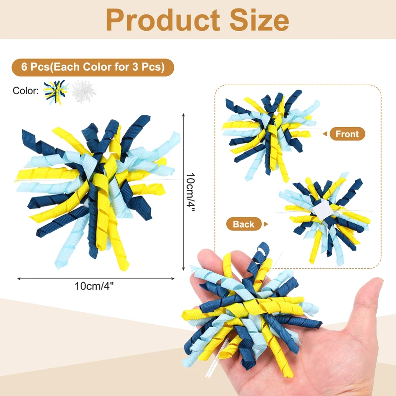 4" Curly Bows for Gift Wrapping 6 Pcs, White/Yellow Blue