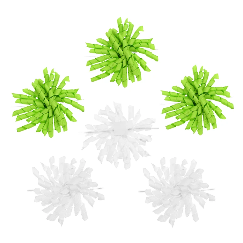 4" Curly Bows for Gift Wrapping 6 Pcs, White/Green