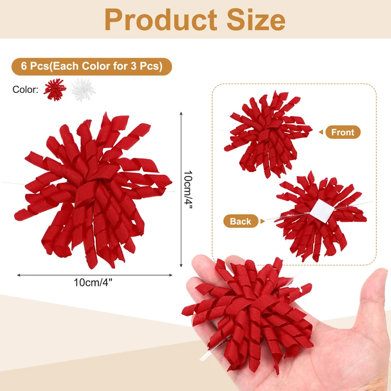 4" Curly Bows for Gift Wrapping 6 Pcs, White/Red
