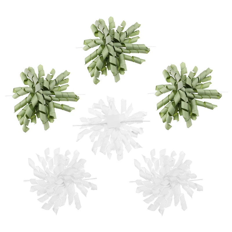 4" Curly Bows for Gift Wrapping 6 Pcs, White/Light Green