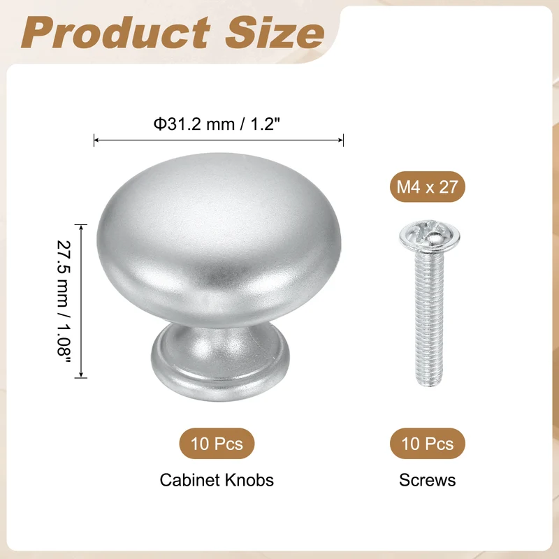 10 Pcs 1.2" Cabinet Knobs, Plastic Drawer Pulls for Bedroom, Matte Silver