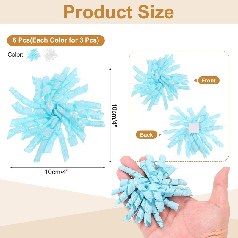 4" Curly Bows for Gift Wrapping 6 Pcs, White/Sky Blue