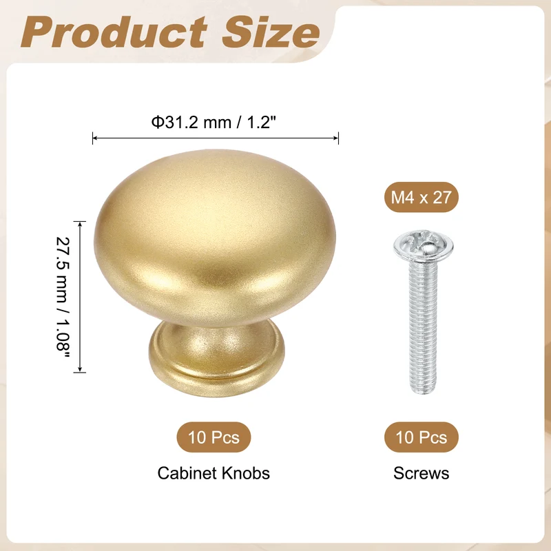 10 Pcs 1.2" Cabinet Knobs, Plastic Drawer Pulls for Bedroom, Matte Gold