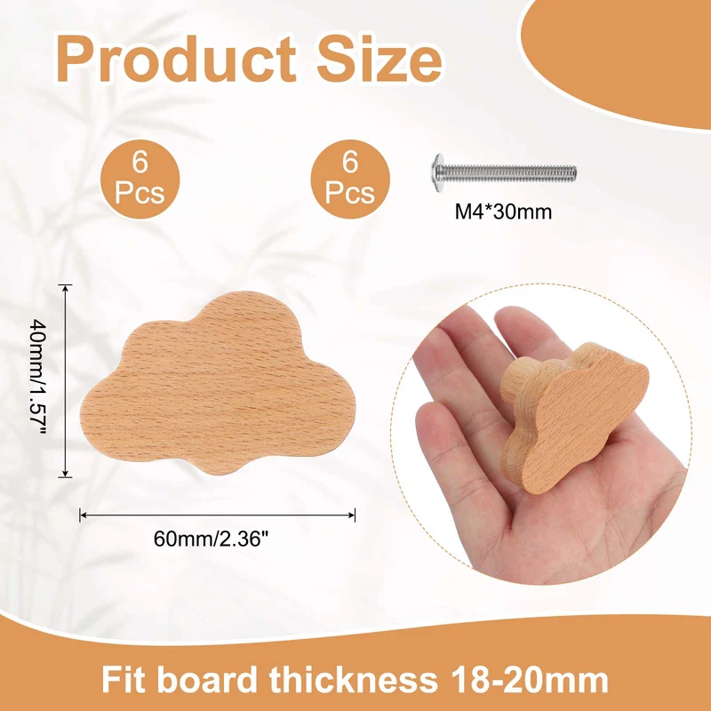 6Pcs Clouds Wooden Knobs Wooden Cabinet Knobs for Furniture Dresser Drawers