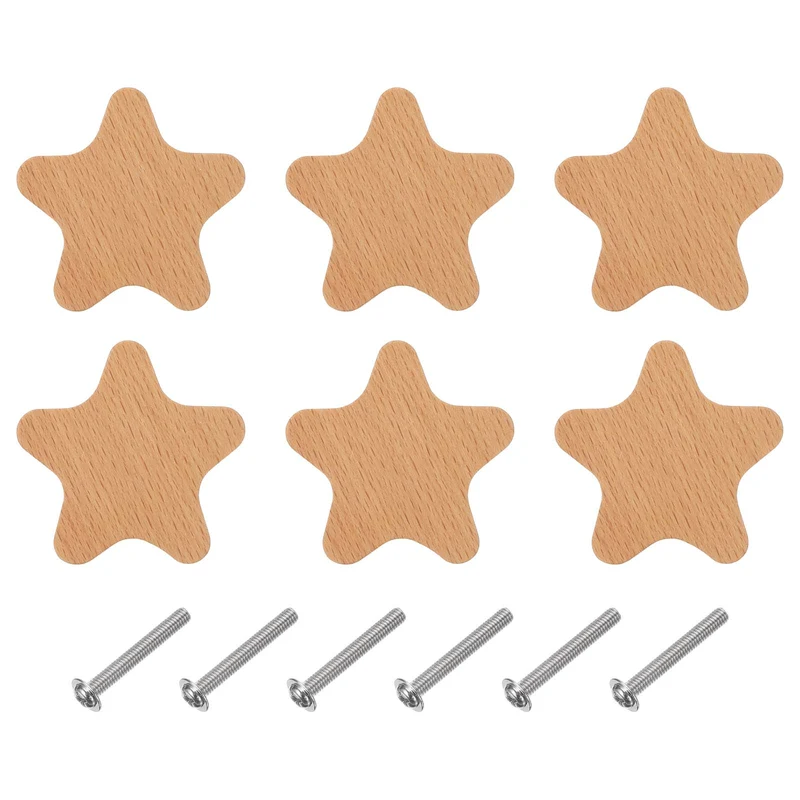 6Pcs Stars Wooden Knobs Wooden Cabinet Knobs for Furniture Dresser Drawers