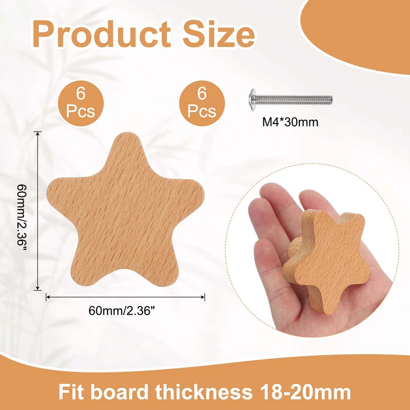 6Pcs Stars Wooden Knobs Wooden Cabinet Knobs for Furniture Dresser Drawers