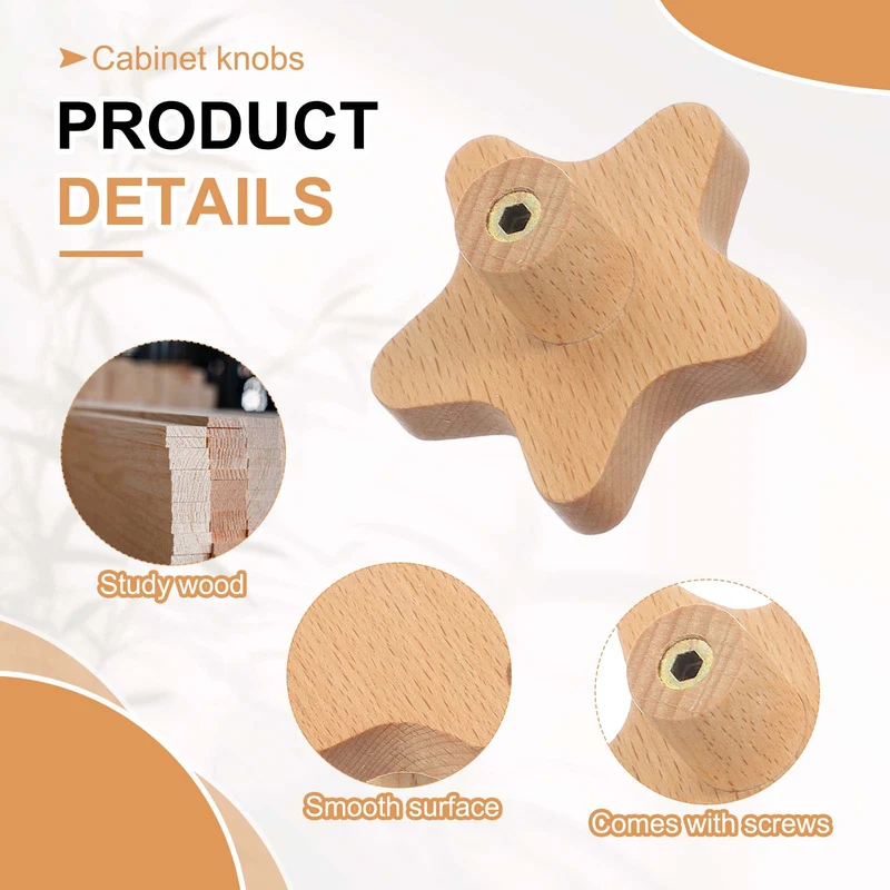 6Pcs Stars Wooden Knobs Wooden Cabinet Knobs for Furniture Dresser Drawers