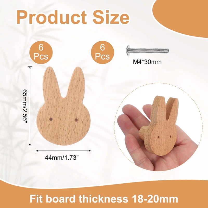 6Pcs Rabbit Wooden Knobs Wooden Cabinet Knobs for Furniture Dresser Drawers