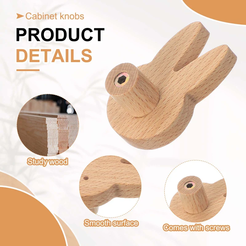 6Pcs Rabbit Wooden Knobs Wooden Cabinet Knobs for Furniture Dresser Drawers
