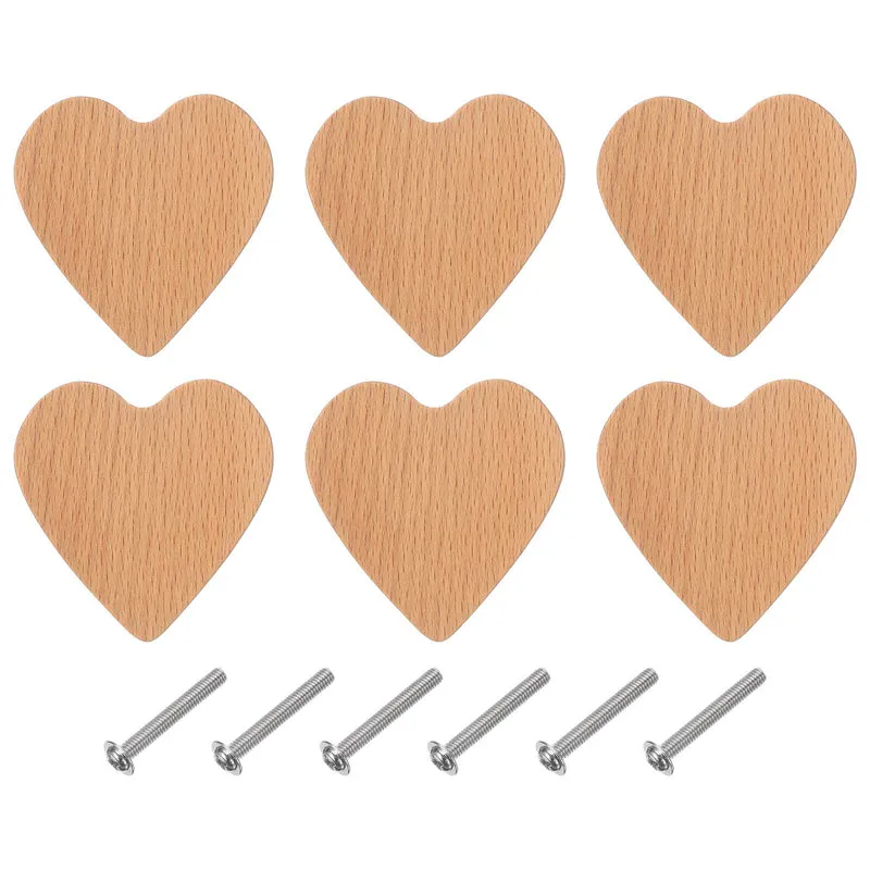6Pcs Heart Wooden Knobs Wooden Cabinet Knobs for Furniture Dresser Drawers