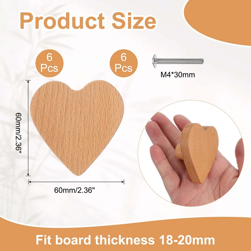 6Pcs Heart Wooden Knobs Wooden Cabinet Knobs for Furniture Dresser Drawers