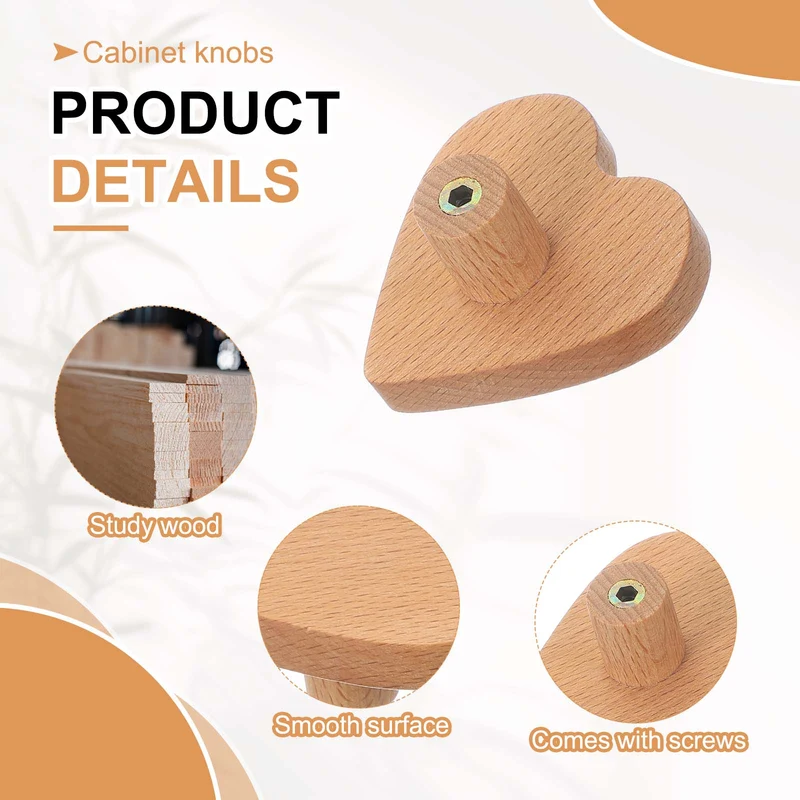 6Pcs Heart Wooden Knobs Wooden Cabinet Knobs for Furniture Dresser Drawers