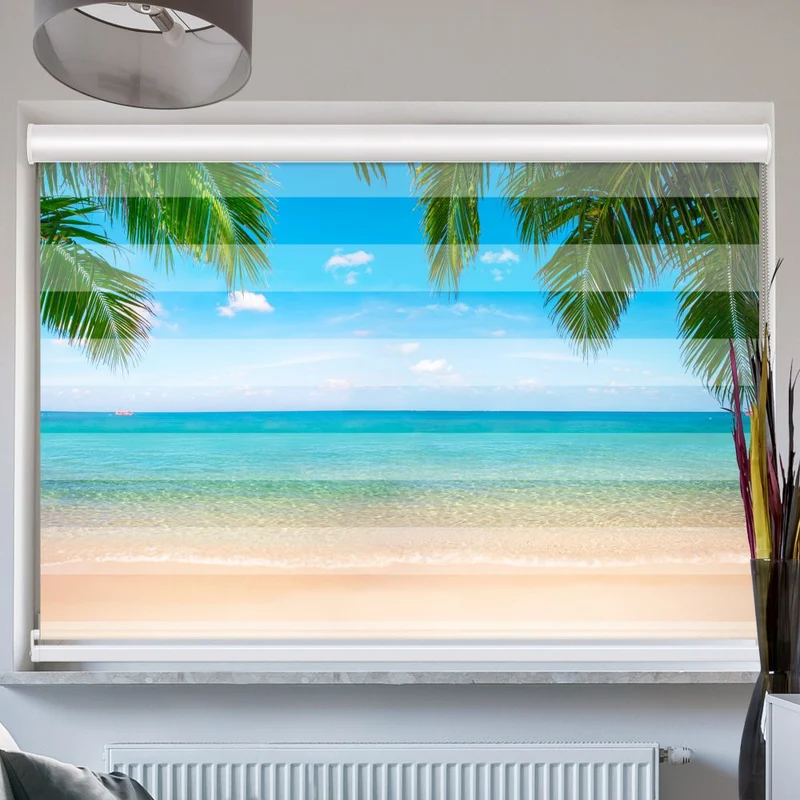 Doppelrollo mit Kassette "Palmenblaetter Meer"