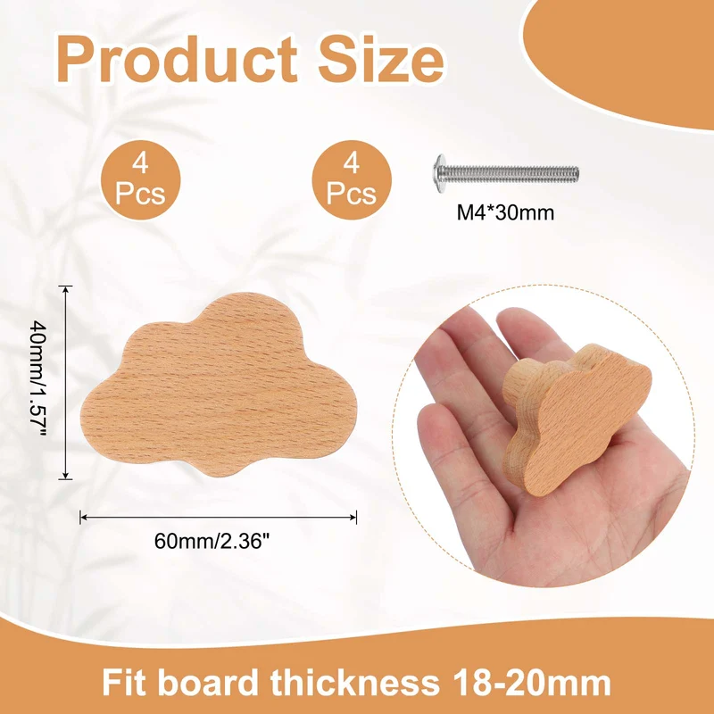 4Pcs Cloud Wooden Knobs Wooden Cabinet Knobs for Furniture Dresser Drawers