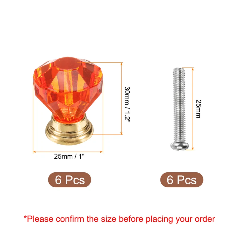 6Pcs Crystal Drawer Knobs 25 mm Dresser Knobs for Cupboard Red/Gold