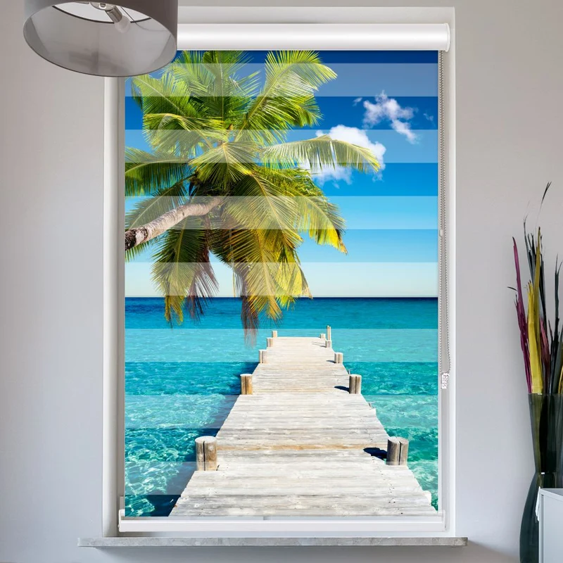 Doppelrollo mit Kassette "Steg Ins Meer Mit Palme"