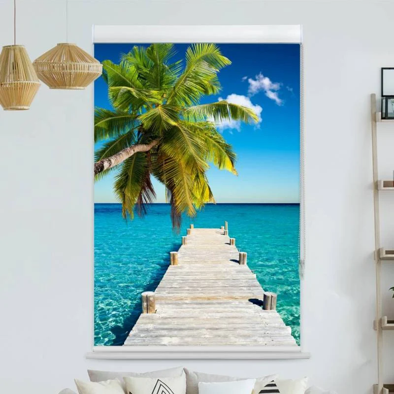 Kassettenrollo Motiv "Steg Ins Meer Mit Palme" | bis B 420 x H 420 cm