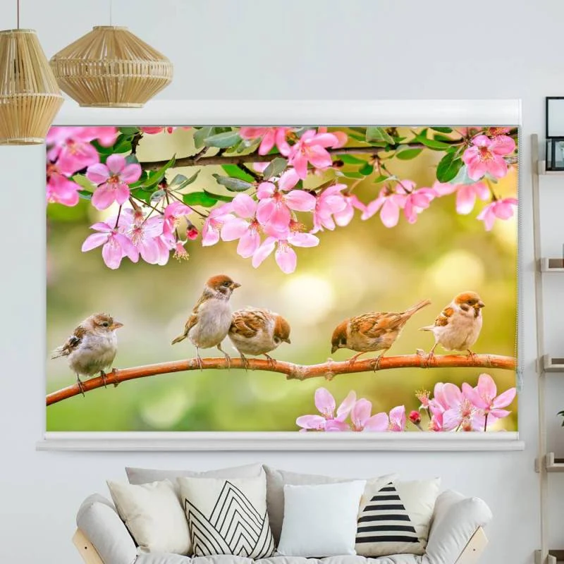 Kassettenrollo Motiv "Spatzen Auf Zweig Mit Blueten" | bis B 420 x H 420 cm