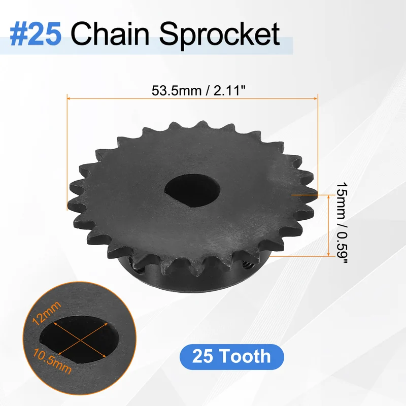 #25 Chain Roller Sprocket 12x10.5mm D-shape Hole 25 Tooth with Set Screws Black