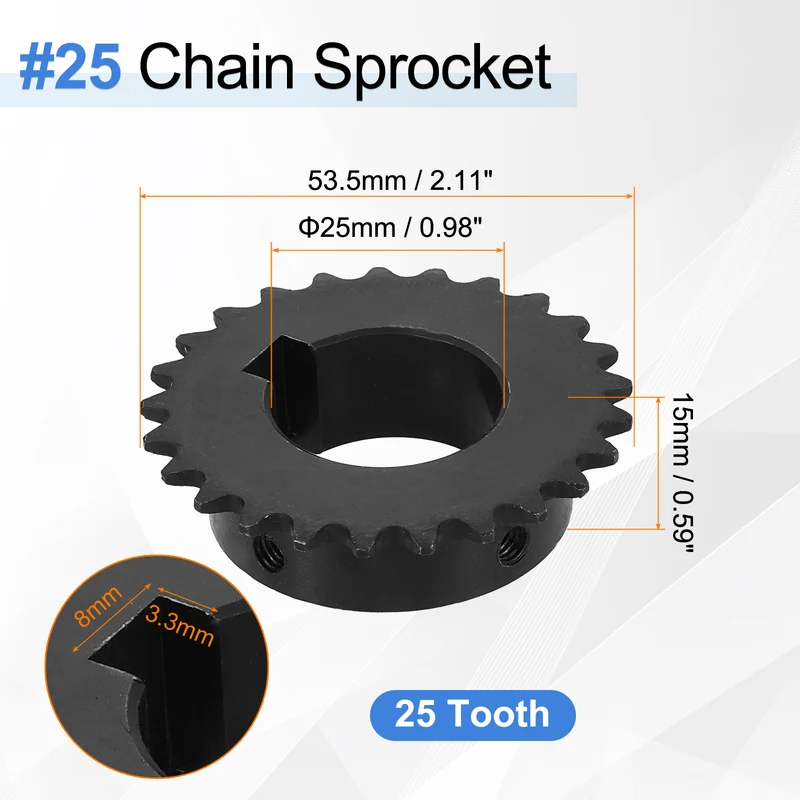 #25 Chain Roller Sprocket 25mm Bore, 25 Tooth with 8x3.3mm Keyway, Black