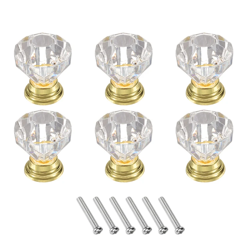 6Pcs Crystal Drawer Knobs 25 mm Dresser Knobs for Cupboard Clear/Gold