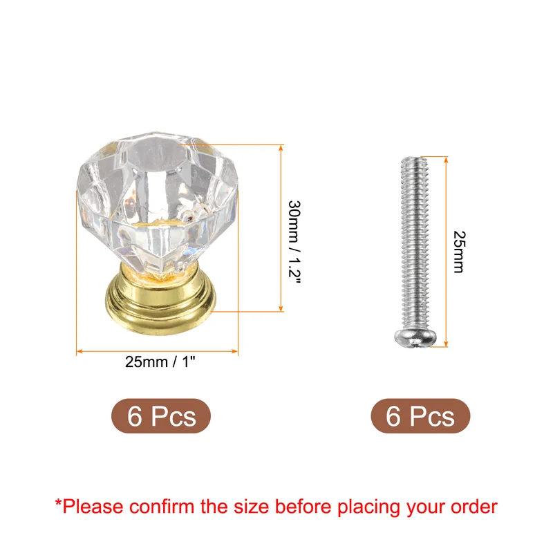 6Pcs Crystal Drawer Knobs 25 mm Dresser Knobs for Cupboard Clear/Gold
