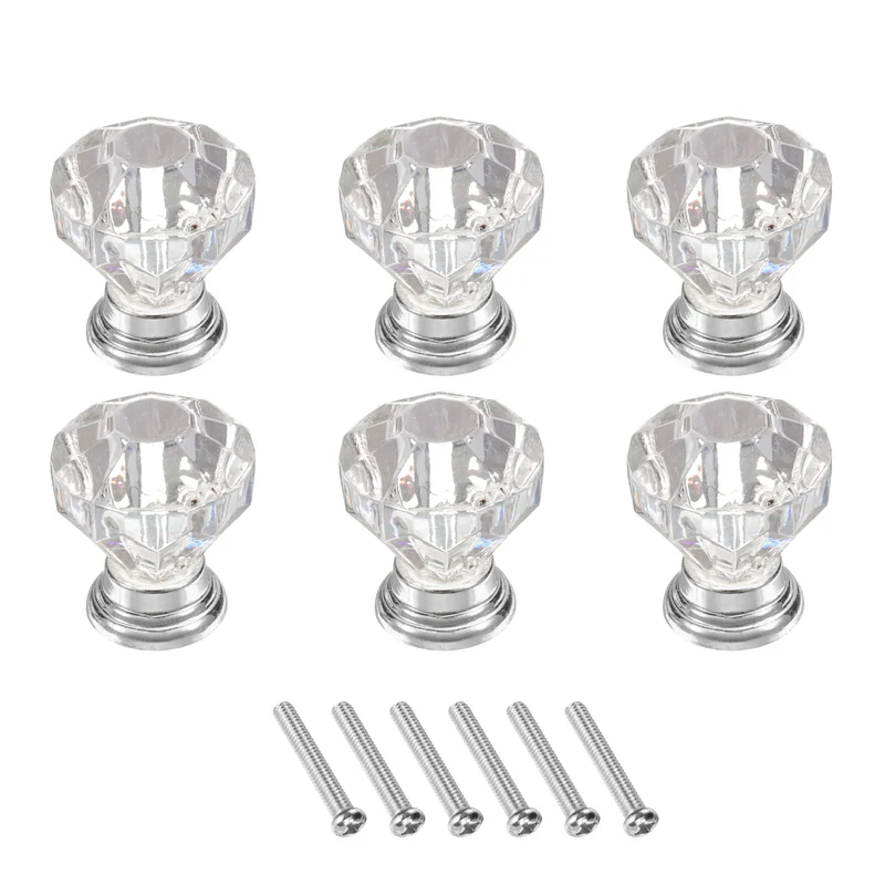 6Pcs Crystal Drawer Knobs 25 mm Dresser Knobs for Cupboard Clear/Silver
