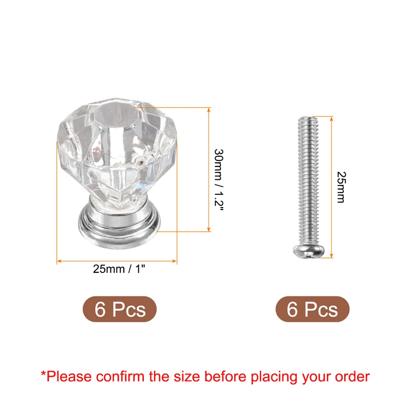 6Pcs Crystal Drawer Knobs 25 mm Dresser Knobs for Cupboard Clear/Silver