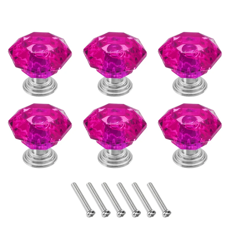 6 Pcs Crystal Drawer Knobs 24 mm Dresser Knobs for Cupboard Rose Red/Silver