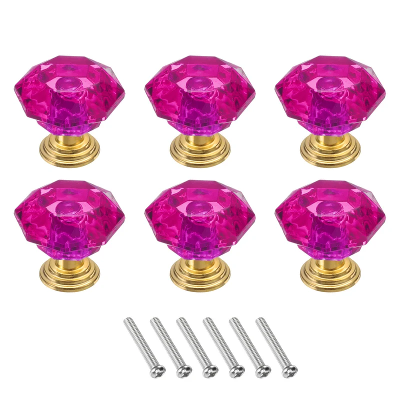 6Pcs Crystal Drawer Knobs 24 mm Dresser Knobs for Cupboard Rose Red/Gold