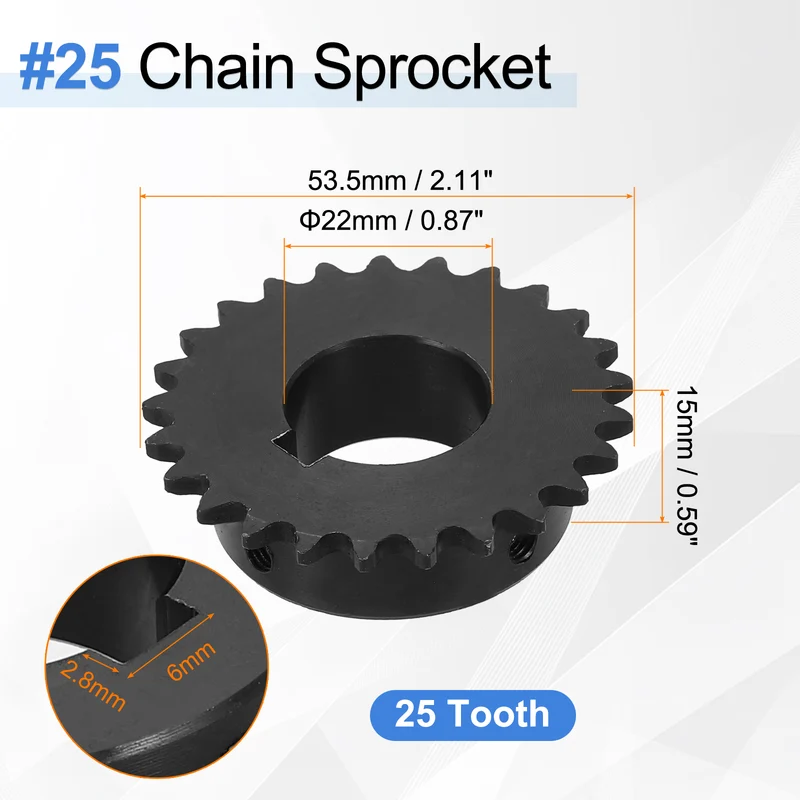 #25 Chain Roller Sprocket 22mm Bore, 25 Tooth with 6x2.8mm Keyway, Black