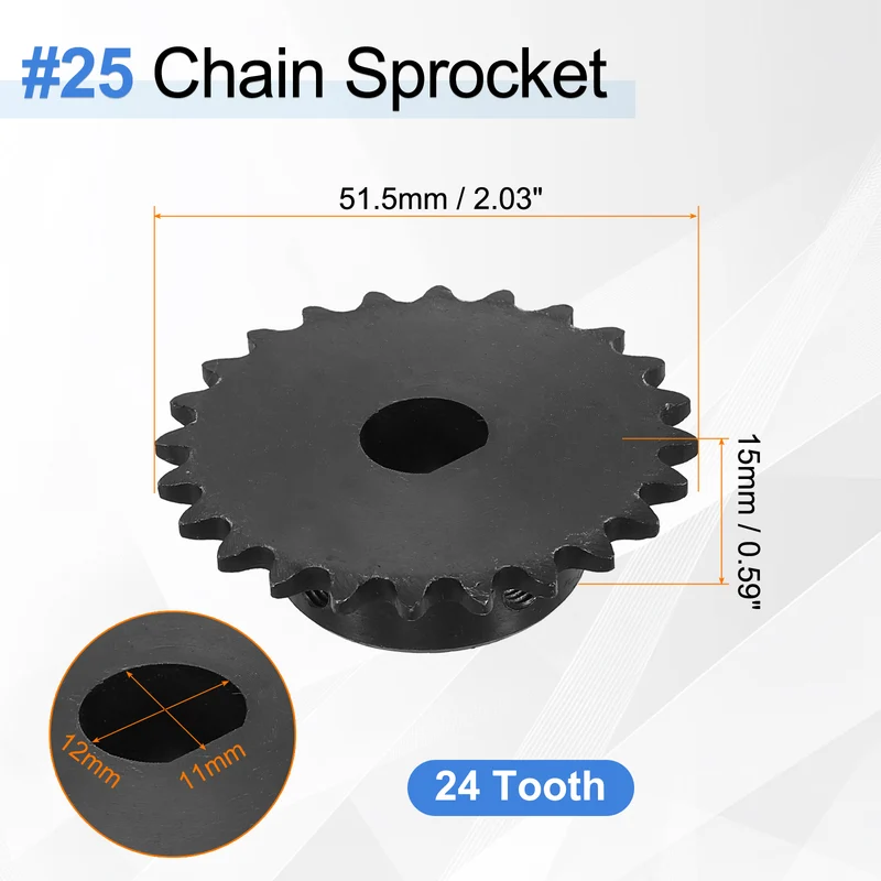 #25 Chain Roller Sprocket 12x11mm D-shape Hole, 24 Tooth with Set Screws, Black