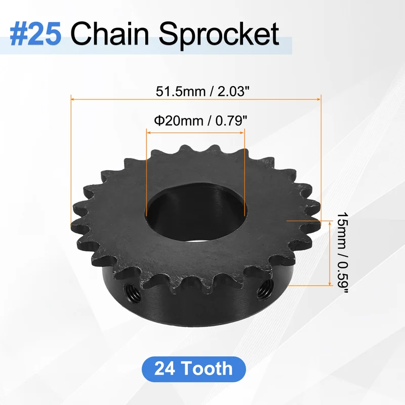 #25 Chain Roller Sprocket 20mm Bore, 24 Tooth with Set Screws, Black