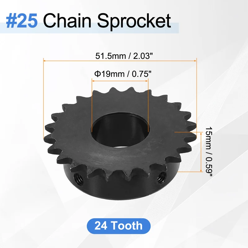 #25 Chain Roller Sprocket 19mm Bore, 24 Tooth with Set Screws, Black