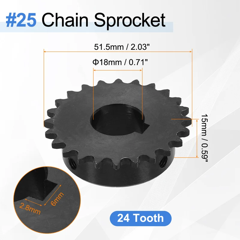 2Pcs #25 Chain Roller Sprocket 18mm Bore, 24 Tooth with 6x2.8mm Keyway, Black