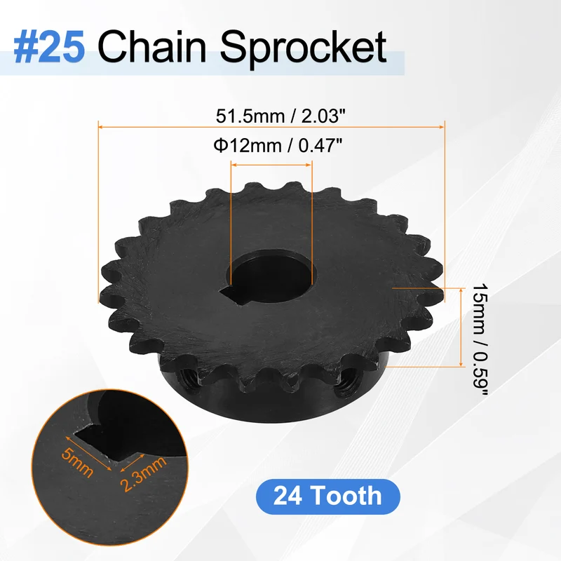 2Pcs #25 Chain Roller Sprocket 12mm Bore, 24 Tooth with 5x2.3mm Keyway, Black
