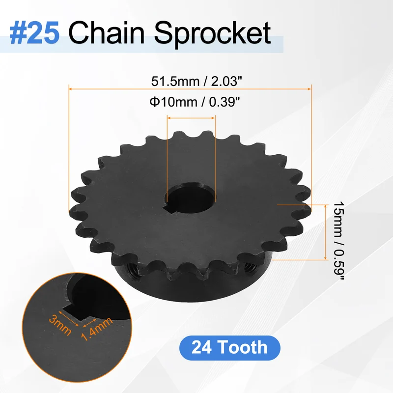 2Pcs #25 Chain Roller Sprocket 10mm Bore, 24 Tooth with 3x1.4mm Keyway, Black