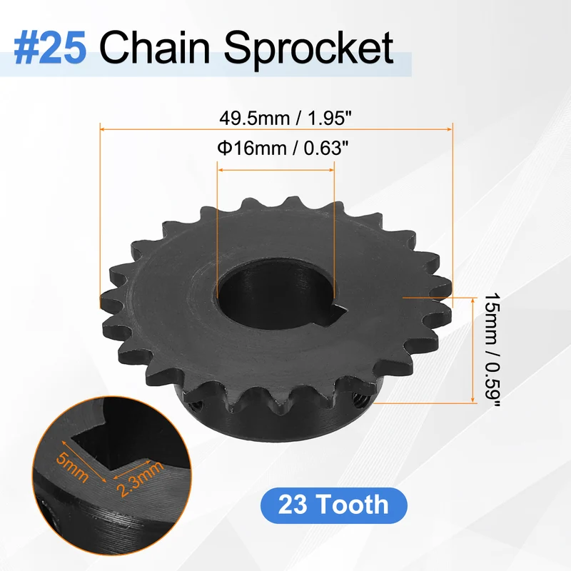 2Pcs #25 Chain Roller Sprocket 16mm Bore, 23 Tooth with 5x2.3mm Keyway, Black