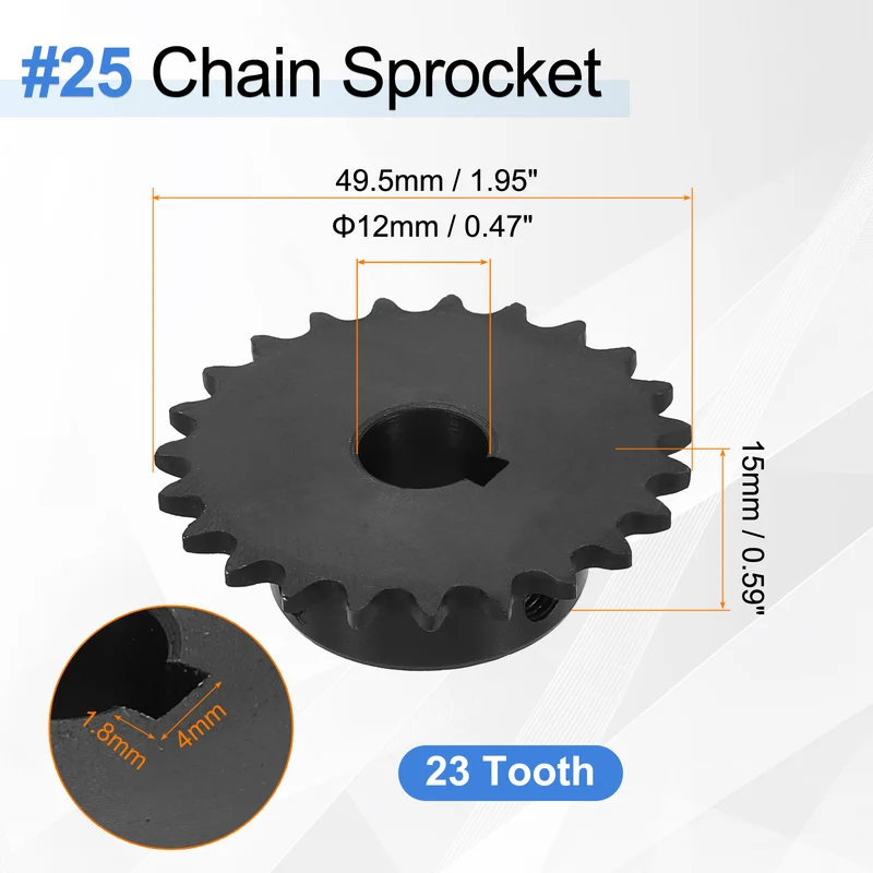 #25 Chain Roller Sprocket 12mm Bore, 23 Tooth with 4x1.8mm Keyway, Black